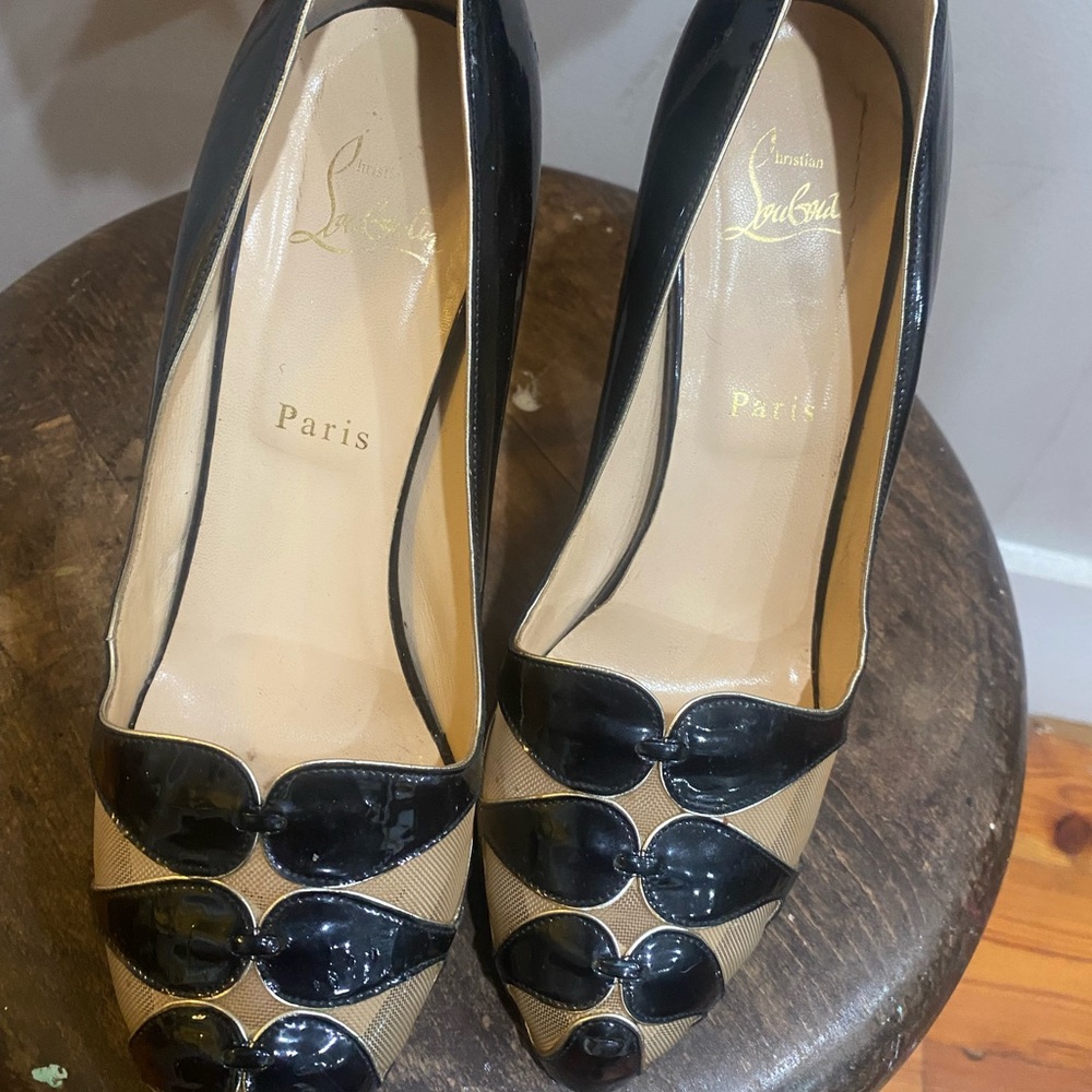 Christian Louboutin Black Patent Leather and Mesh Pumps